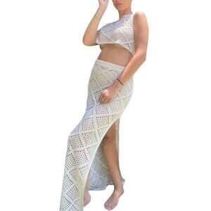 Micas Women's Medium Tan Knit Crew Neck Sleeveless Slit Skirt Cover Up Top Set